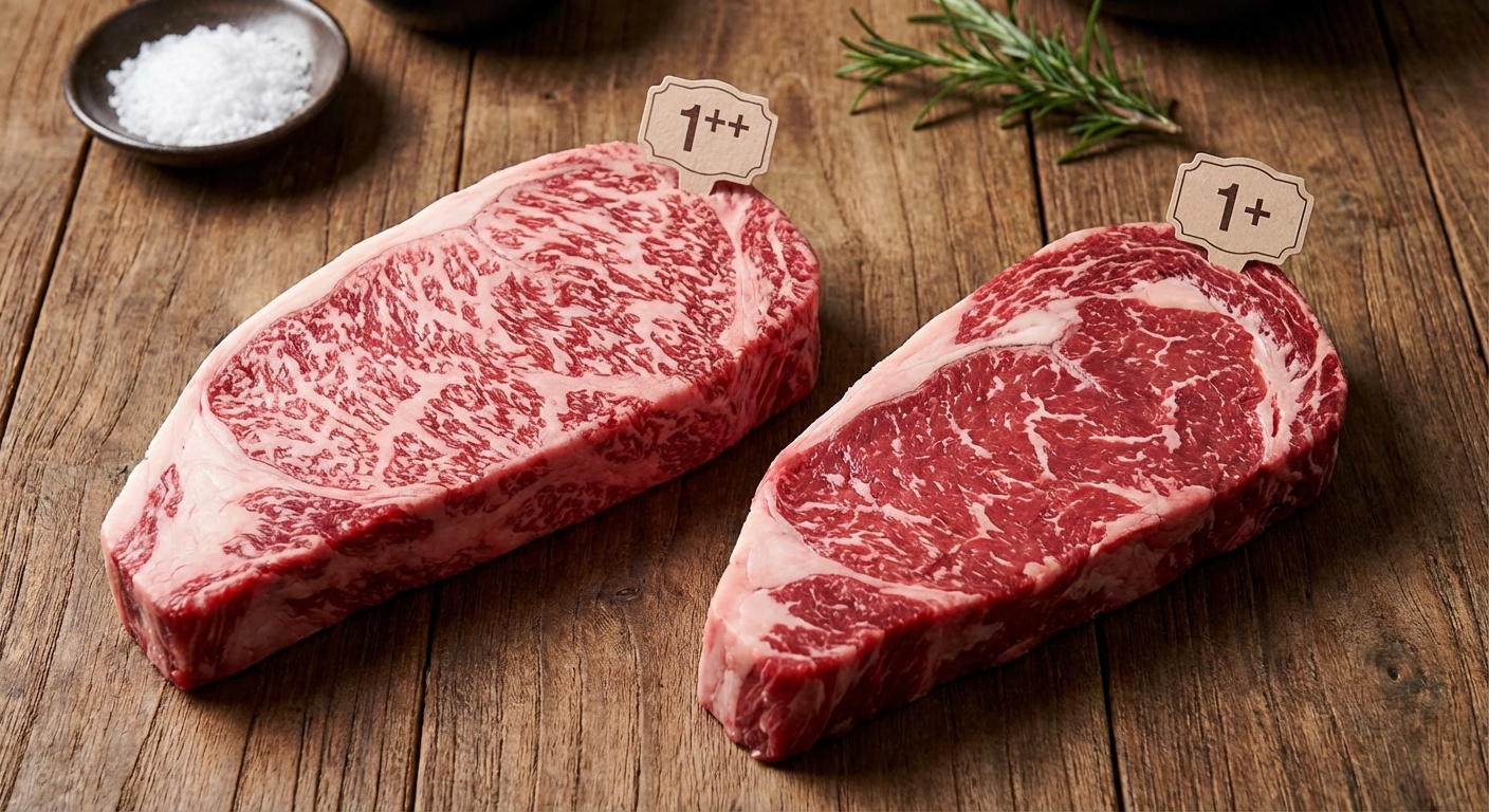 한우 등급 표시 라벨과 마블링 비교