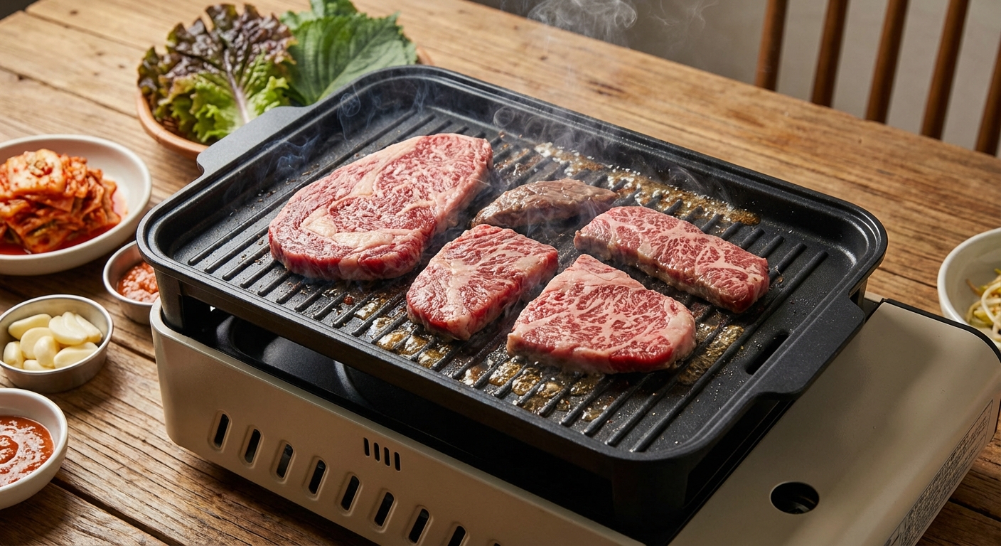 가정용 그릴에서 굽고 있는 한우 구이