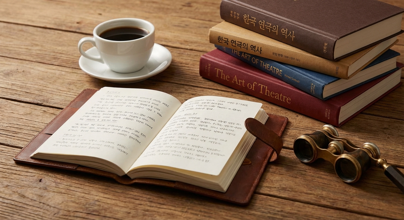 연극 관람 후 기록용 노트와 연극 서적