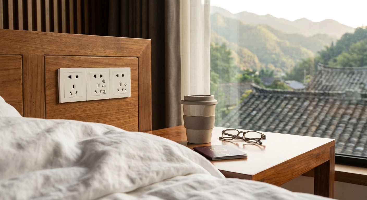 중국 호텔 침대 옆 콘센트에 여러 플러그 타입이 표시된 모습