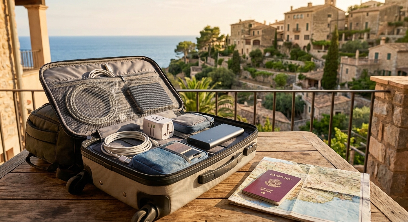 여행 가방 안에 정리된 어댑터, 케이블, 보조배터리