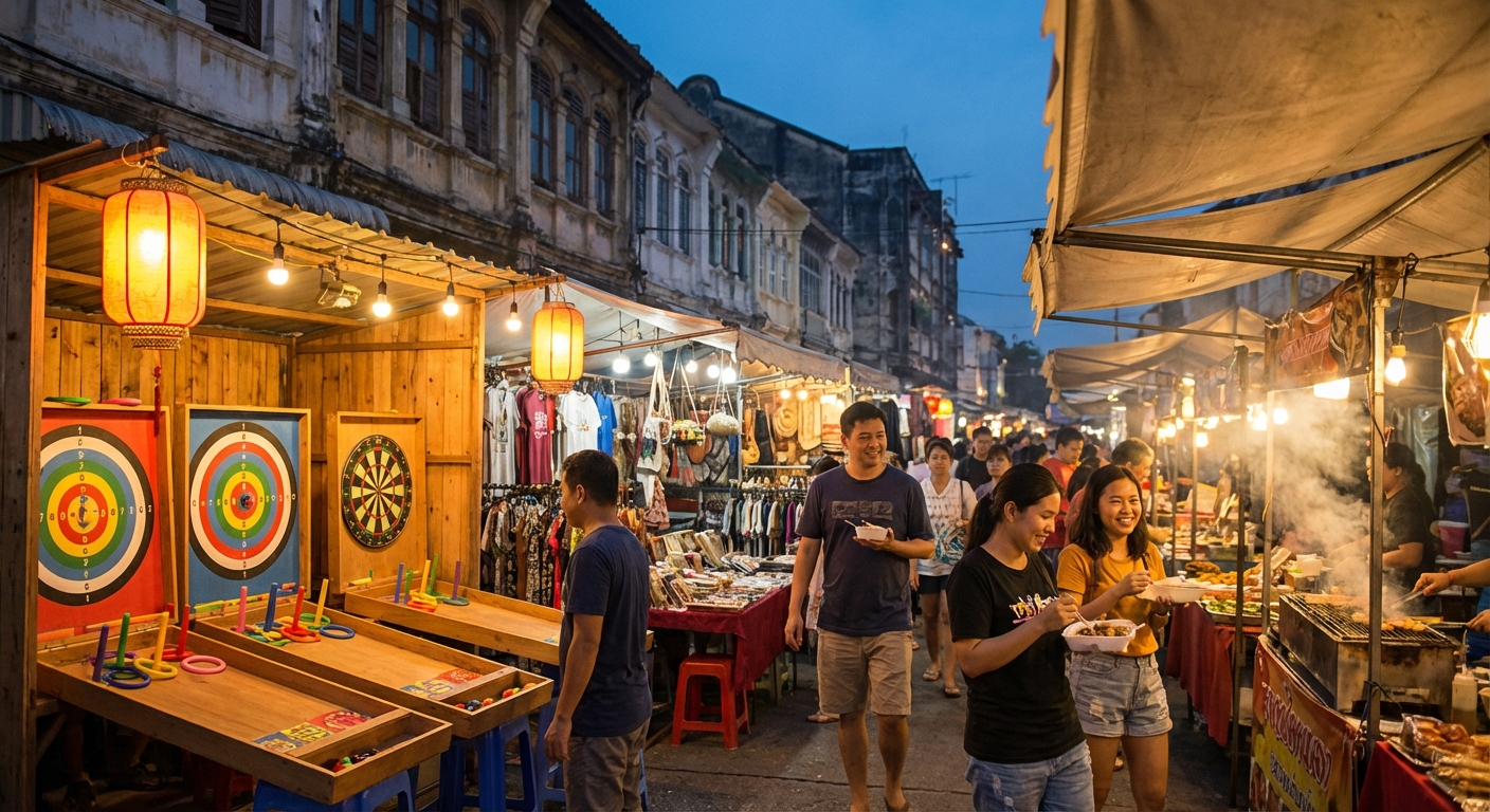 야시장 게임 부스와 쇼핑 가판대