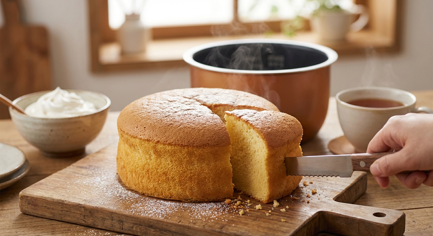 밥솥 카스테라 자르는 모습