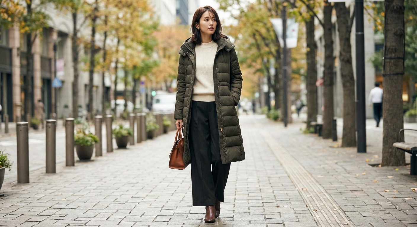롱패딩 코디 전신 디테일 컷
