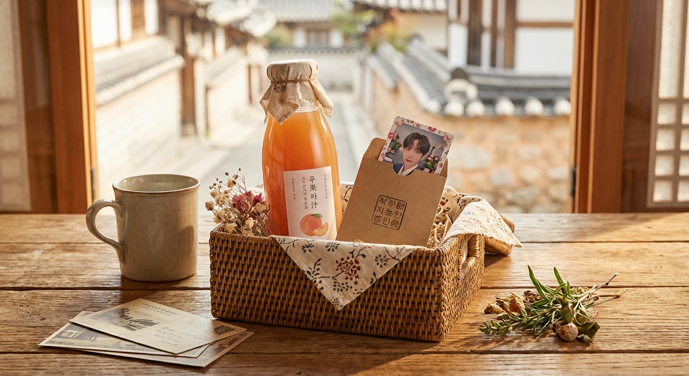 역조공으로 받은 음료수와 포토카드가 담긴 포장 세트