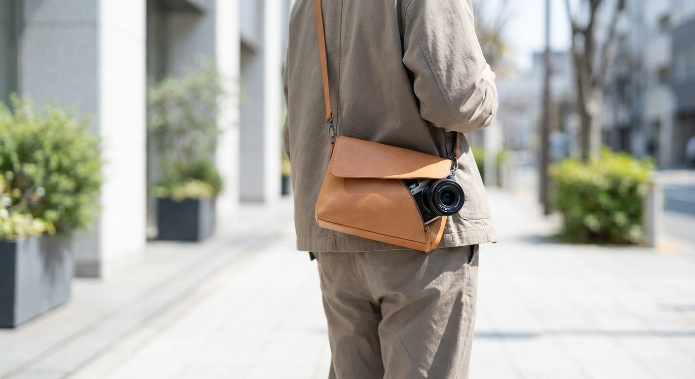 크로스백에 미러리스 카메라를 넣고 외출하는 모습