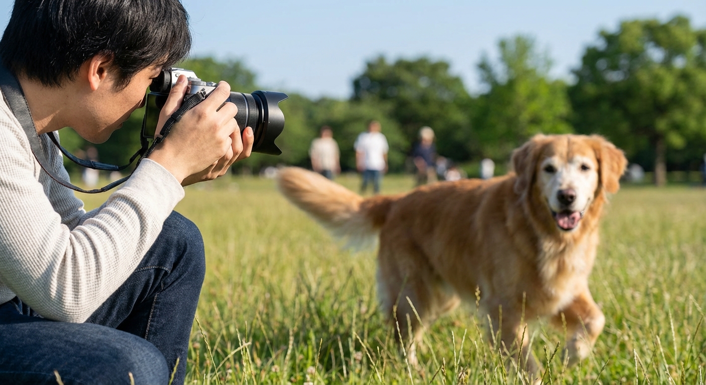 뛰어다니는 반려견을 미러리스로 촬영하는 장면