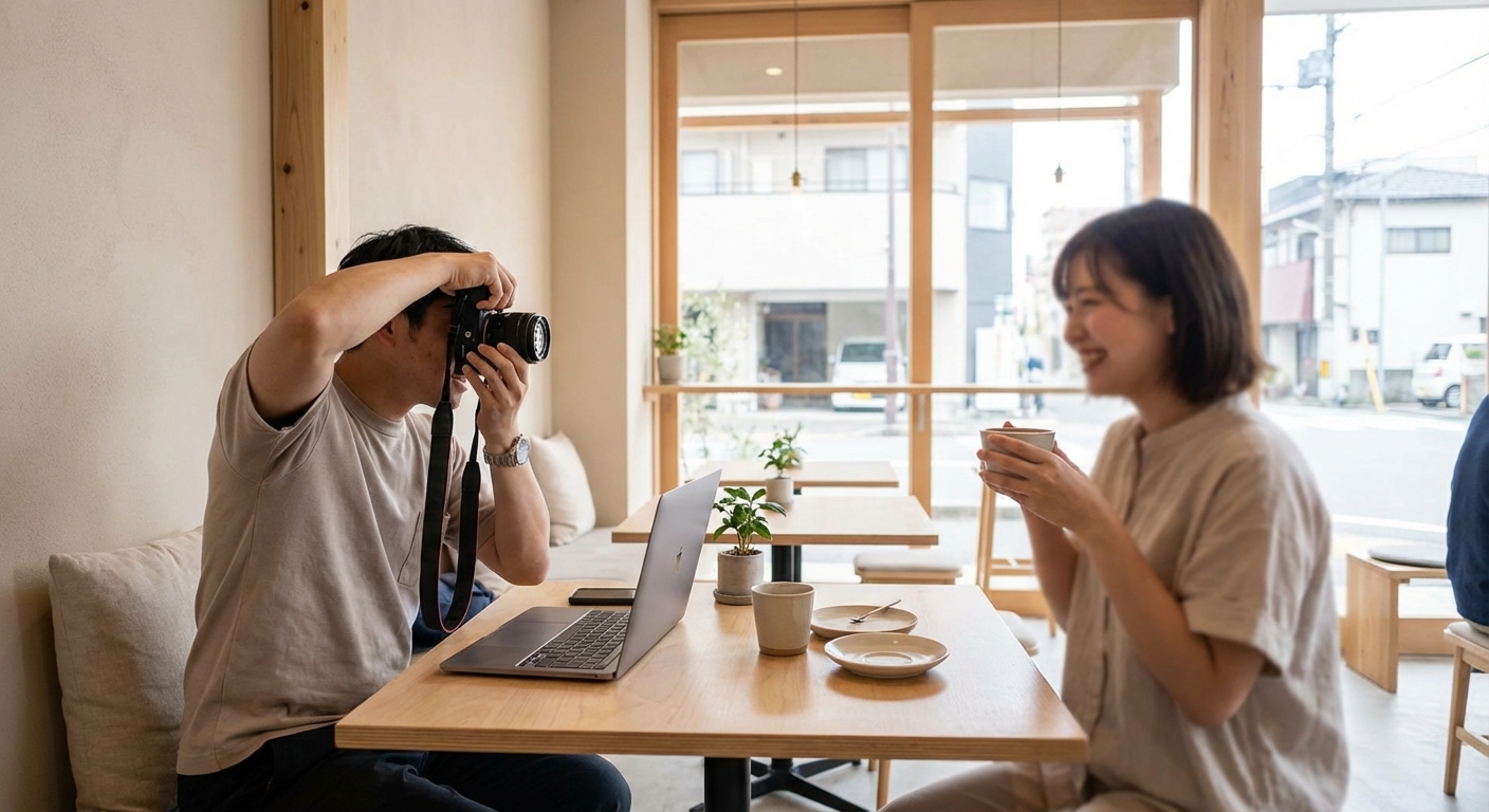 카페에서 미러리스로 일상을 촬영하는 모습