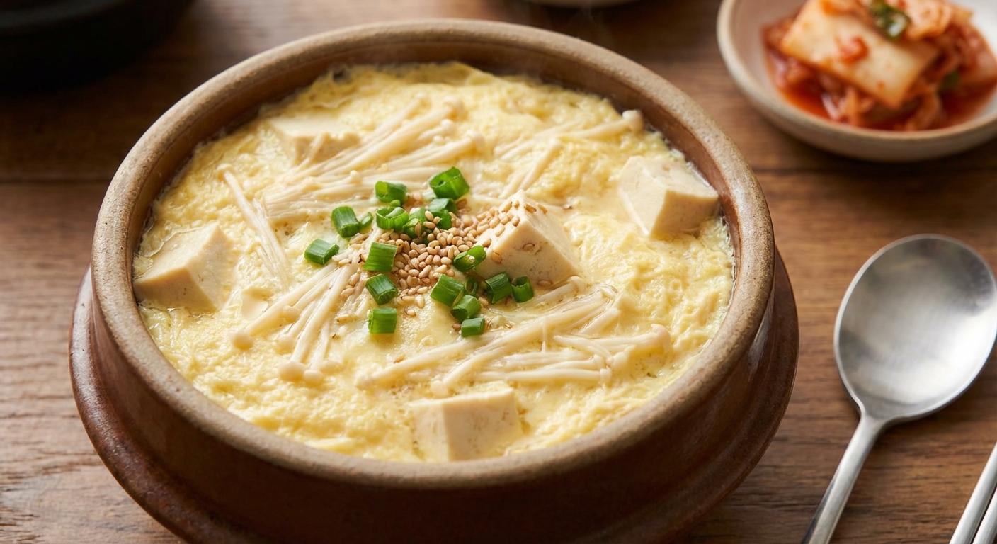 팽이버섯 두부 계란찜 그릇에 담긴 모습
