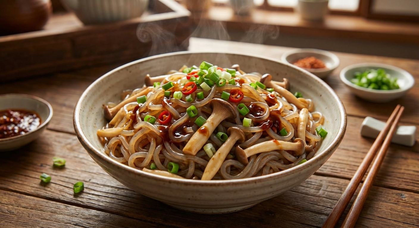 팽이버섯 곤약면 볶음 접시에 담긴 모습