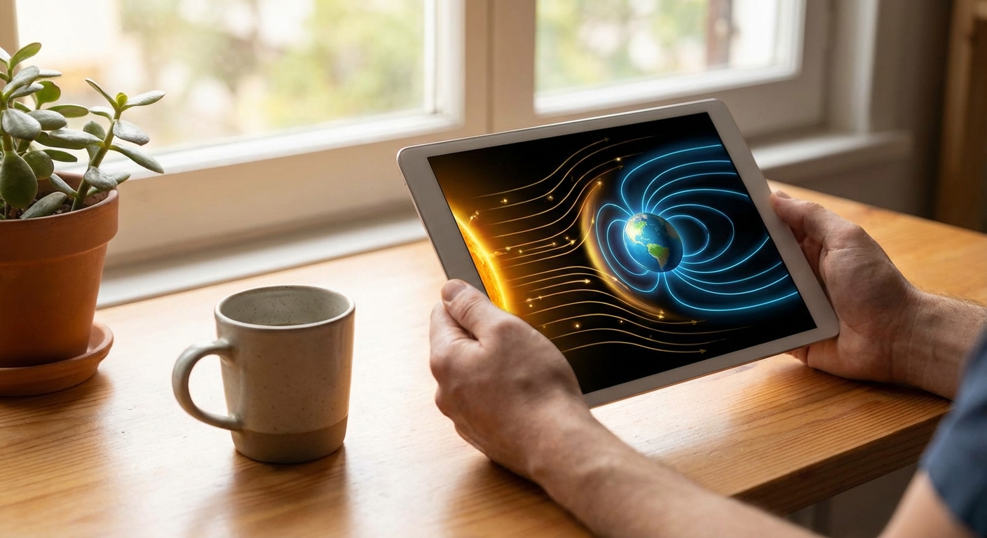 지구 자기장과 태양풍의 상호작용 도식도