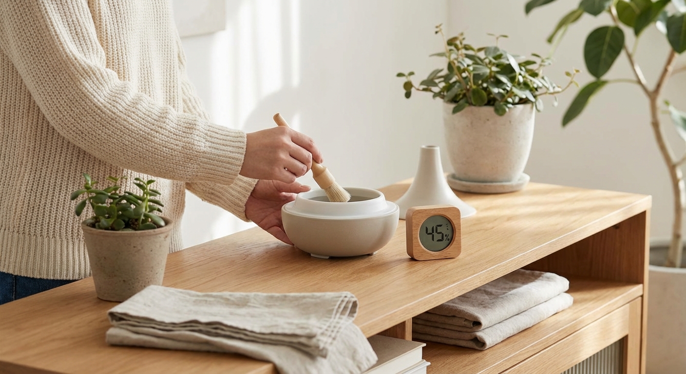 가습기 청소 과정과 습도계 체크