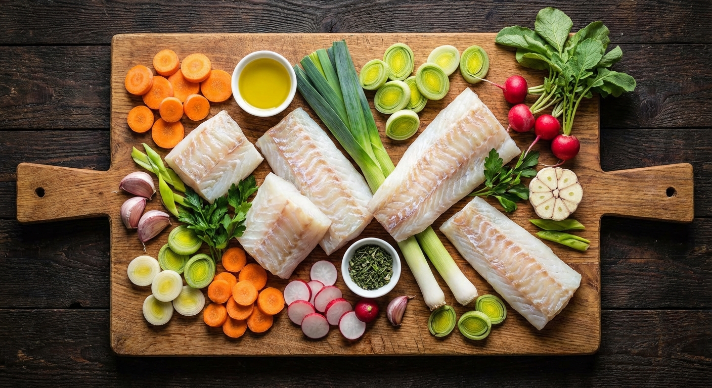 대구와 채소 재료 배치 사진