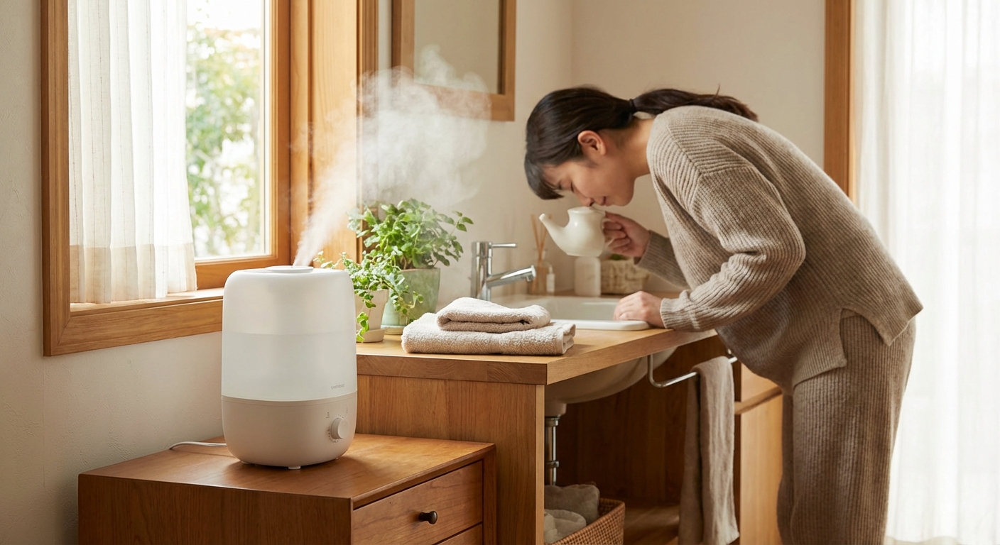 코 세척하는 모습과 가습기가 놓인 실내