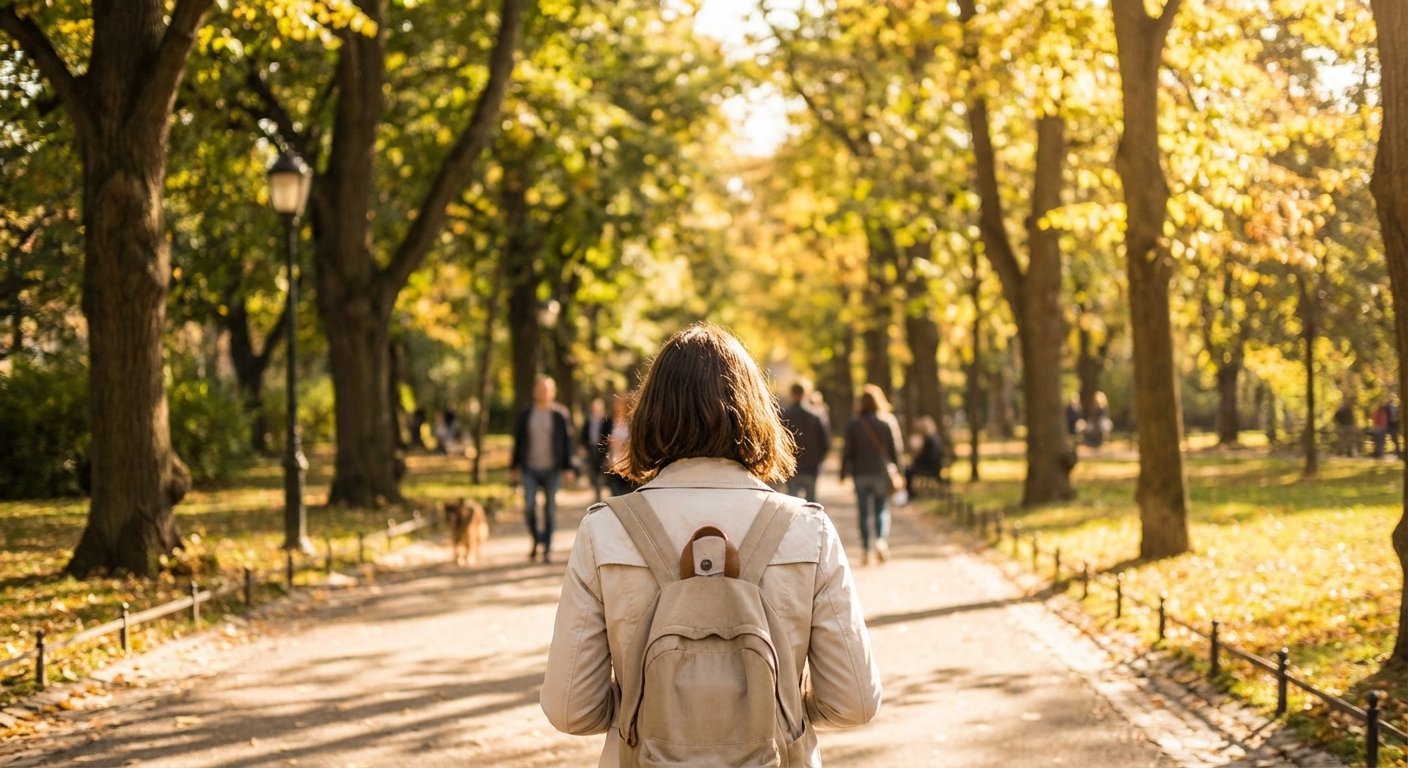 공원을 산책하는 사람의 뒷모습