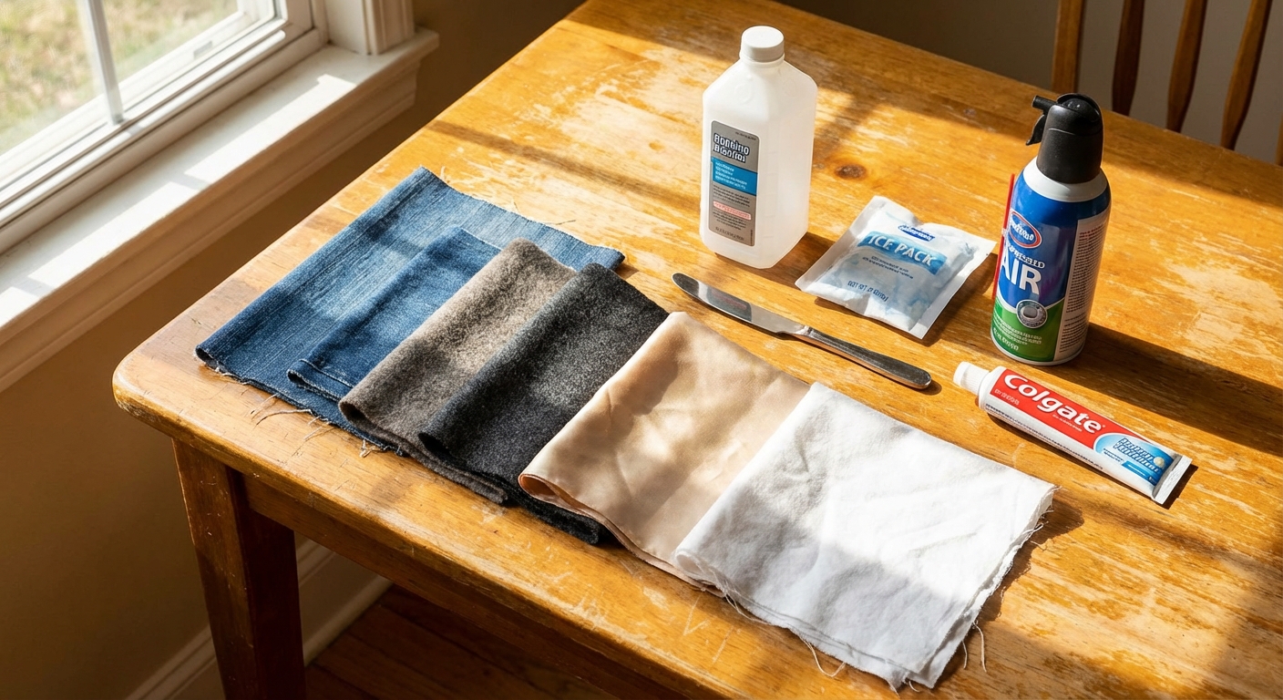 다양한 옷감과 껌 제거 도구들