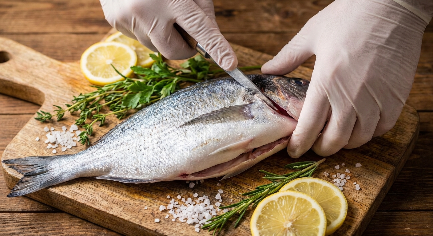 생선 손질 과정, 내장 제거 장면