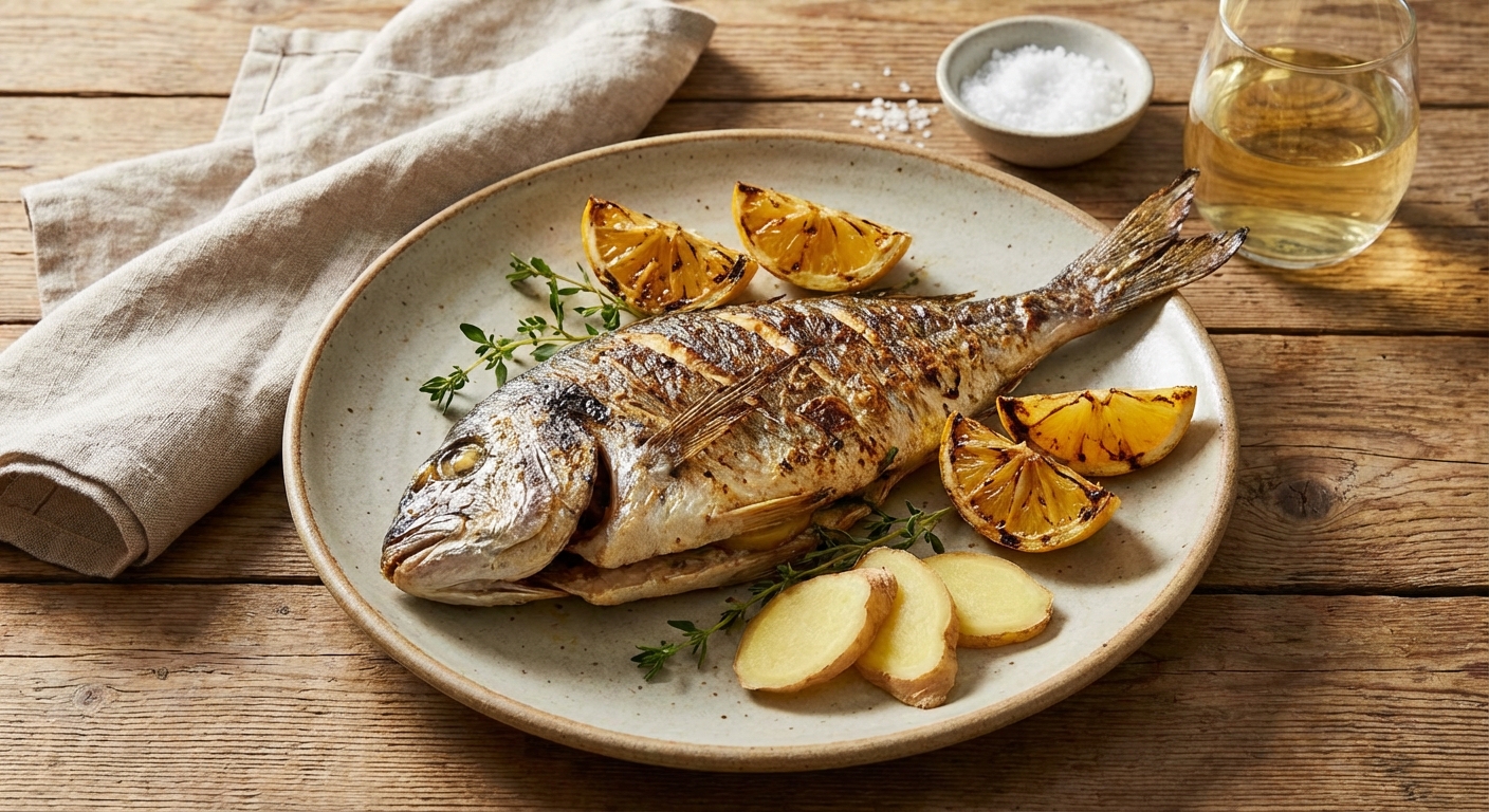 생선구이와 레몬, 생강이 곁들여진 접시