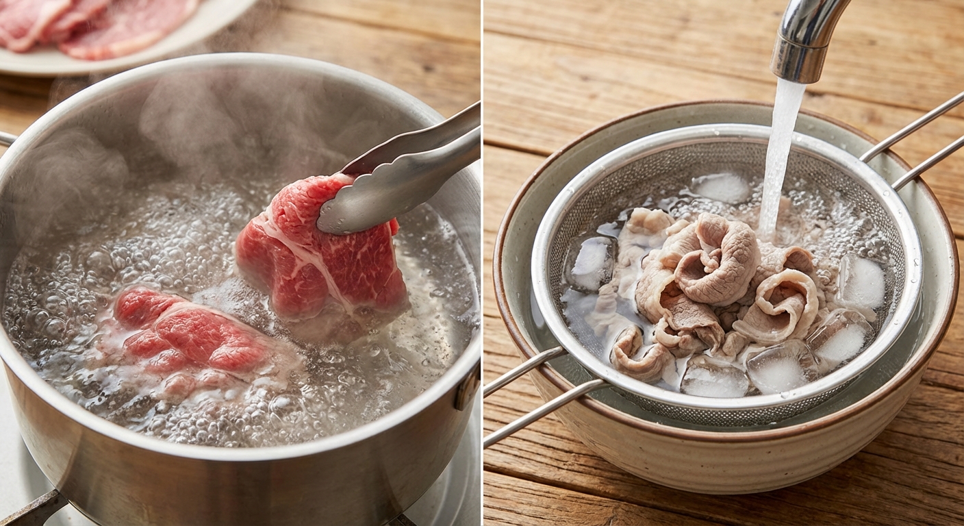 끓는 물에 고기 데치는 장면과 찬물 헹굼