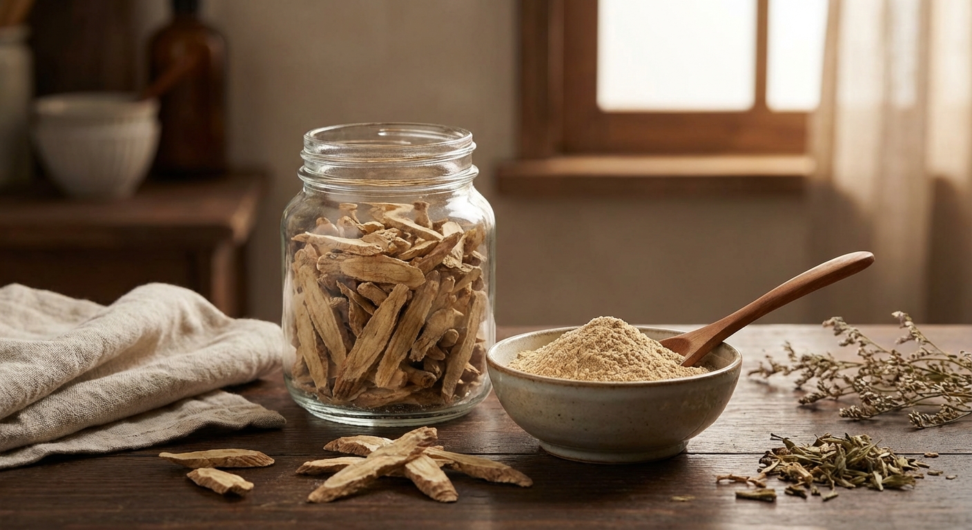 황기 보관 용기와 황기 분말