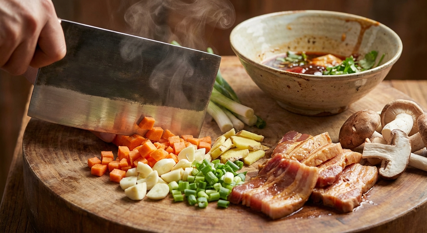 중식도로 다양한 재료를 손질하는 과정 사진