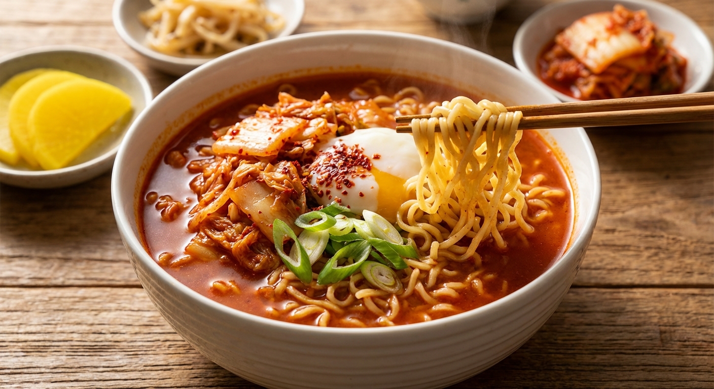 붉은 국물과 김치가 들어간 매운 라면