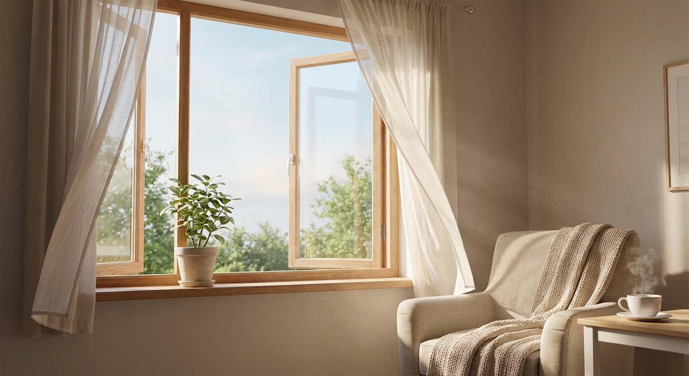 환기 중인 방 창문과 깨끗한 실내 공기