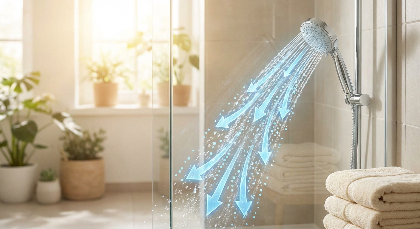 샤워기 물줄기와 비말 확산 시각화 그래픽