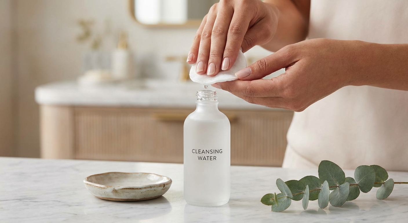 클렌징 워터를 화장솜에 적셔 사용하는 모습