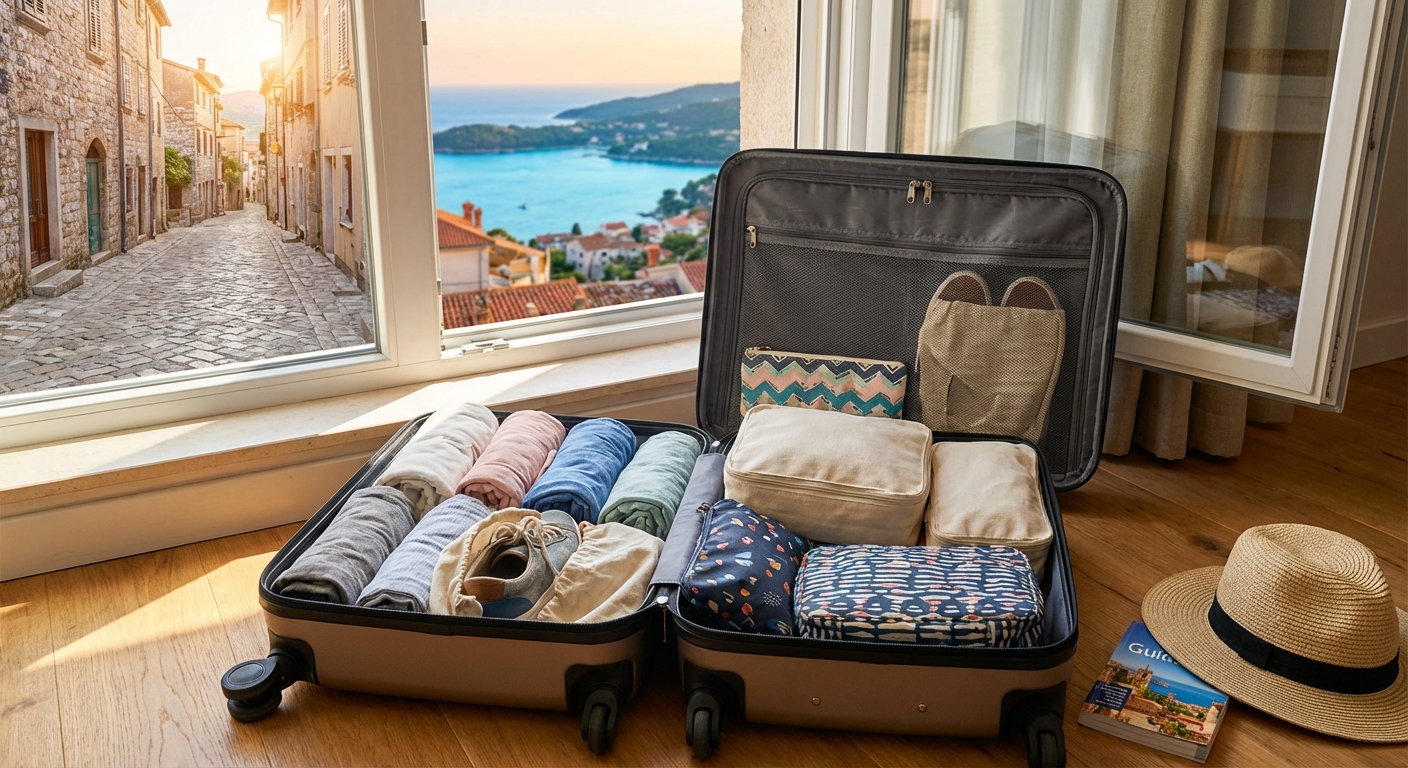 24인치 캐리어에 옷과 신발, 파우치가 정리된 패킹 예시