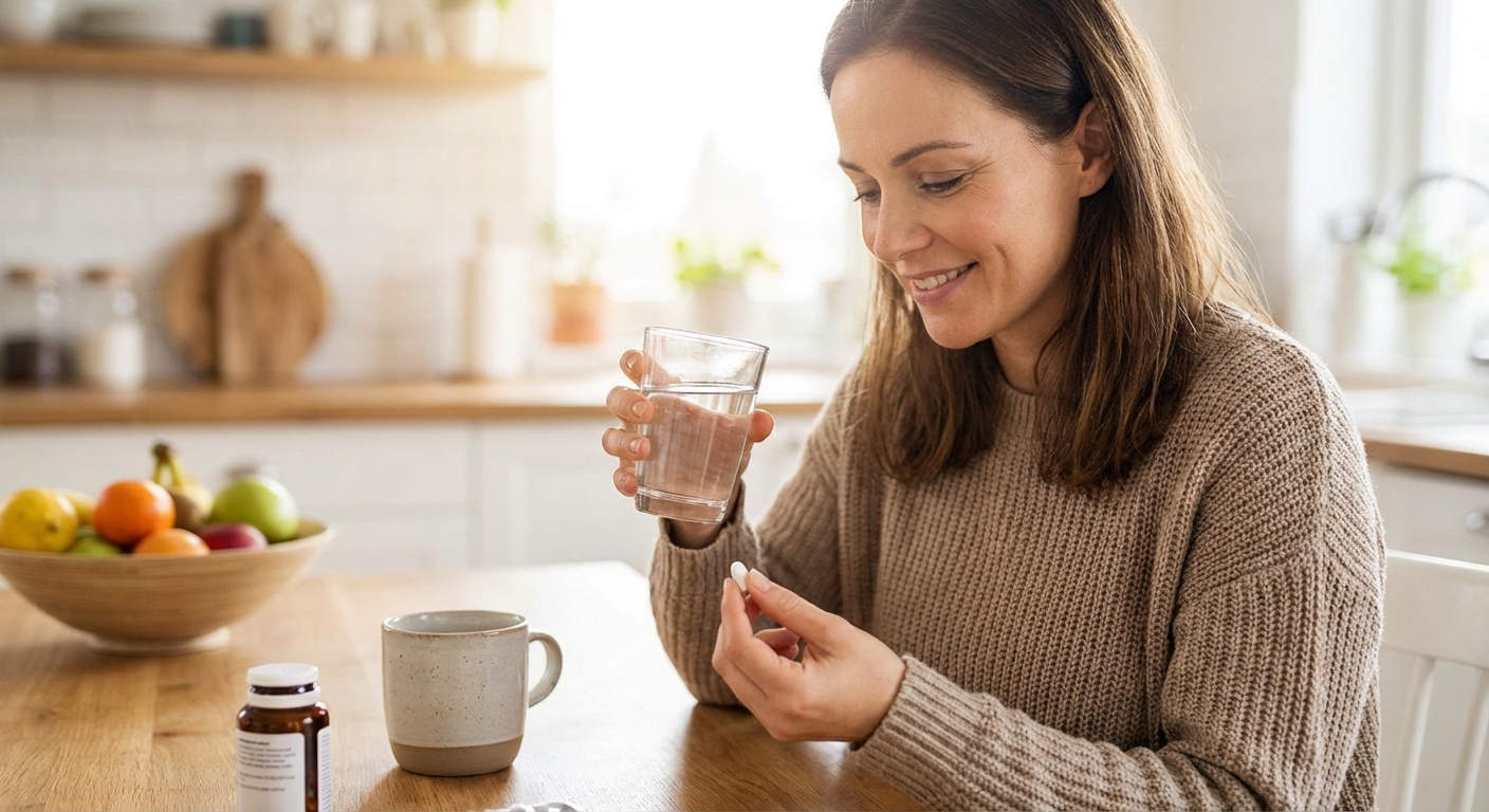물과 함께 약을 복용하는 모습