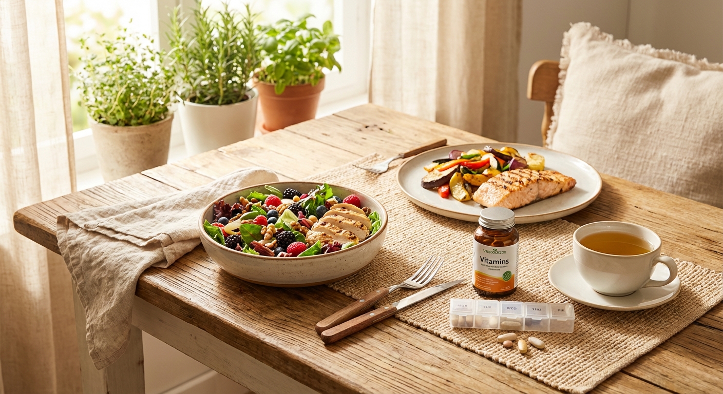 건강한 식사와 약을 함께 놓은 테이블 풍경