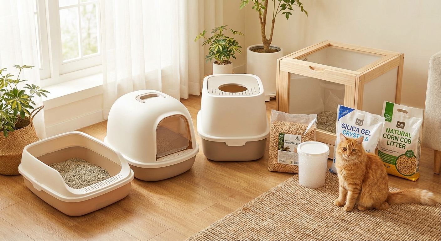 다양한 종류의 고양이 화장실과 모래