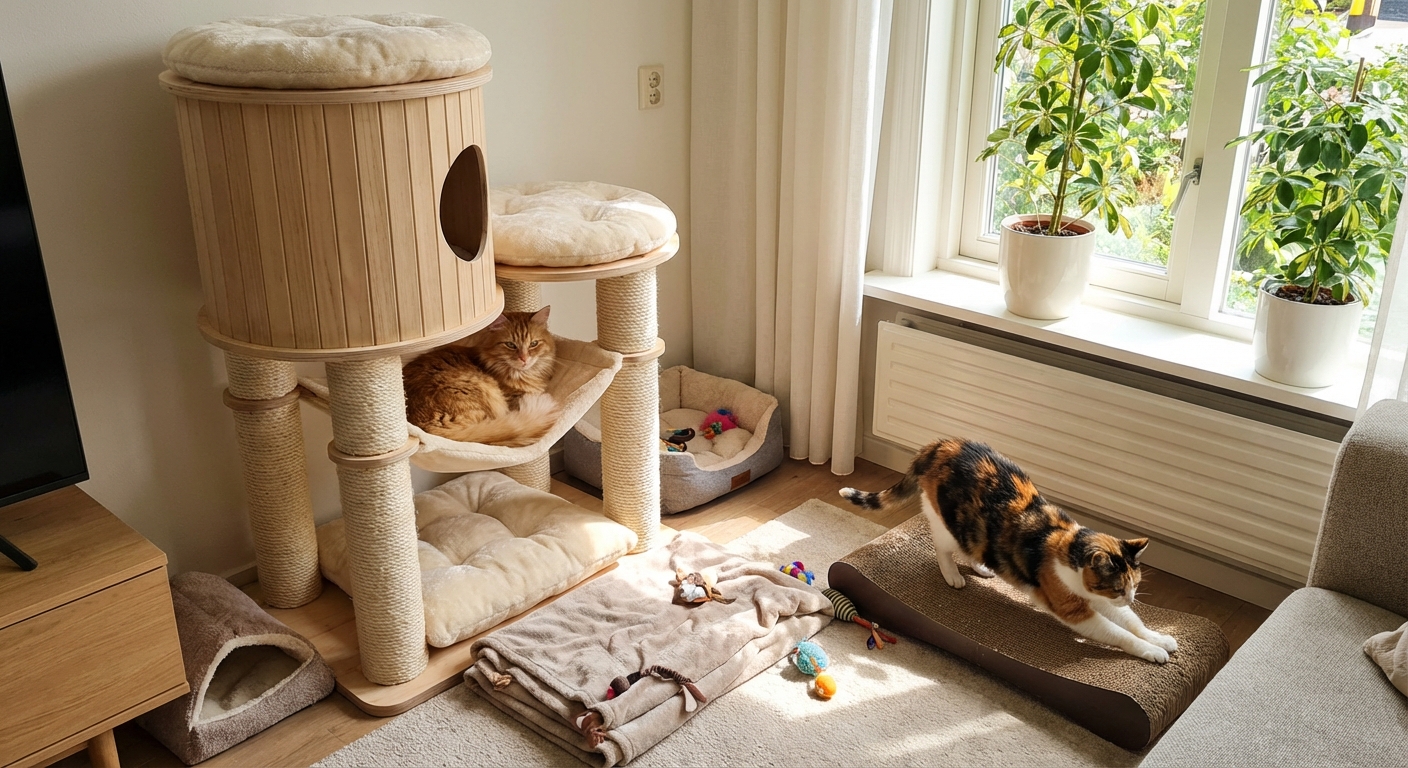 캣타워와 스크래처가 있는 고양이 전용 공간