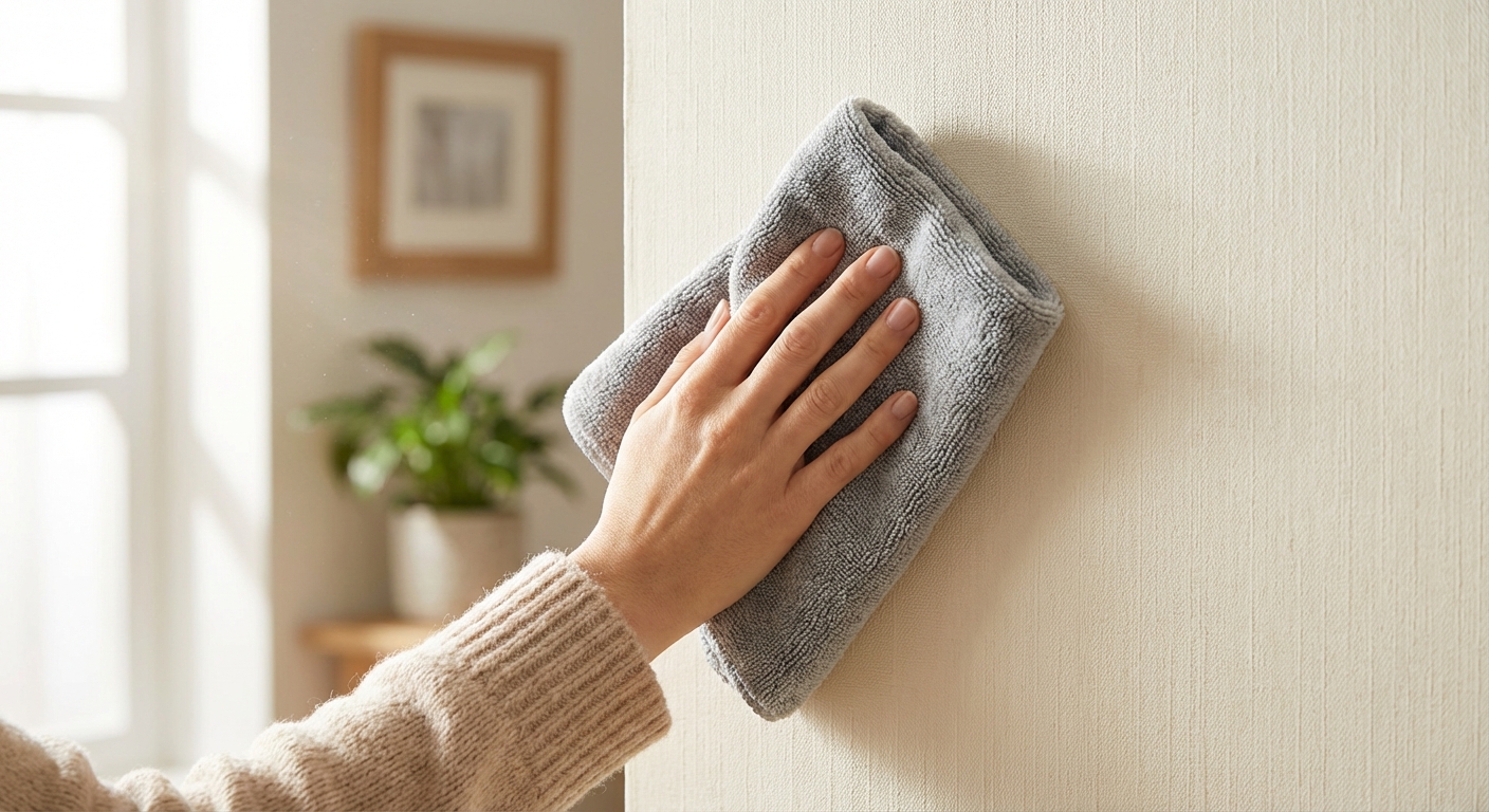 극세사 천으로 벽지 가장자리를 닦는 모습