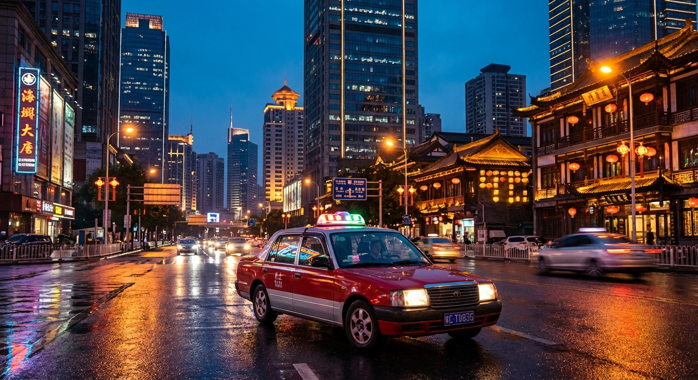 중국 도심 야경과 택시