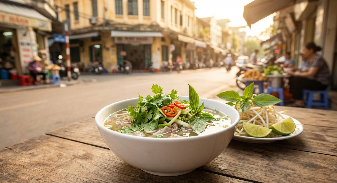 베트남 쌀국수 위의 고수와 향신료들