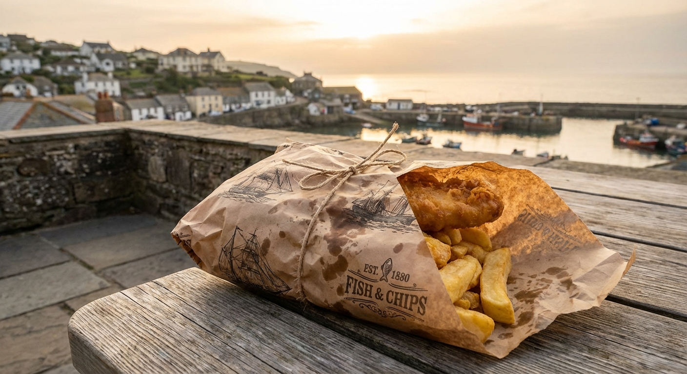 19세기 스타일의 피시앤칩스 종이 포장