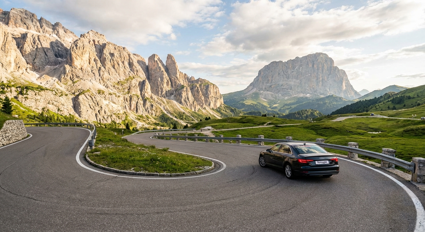 돌로미티 산악 도로와 렌터카 드라이브 풍경