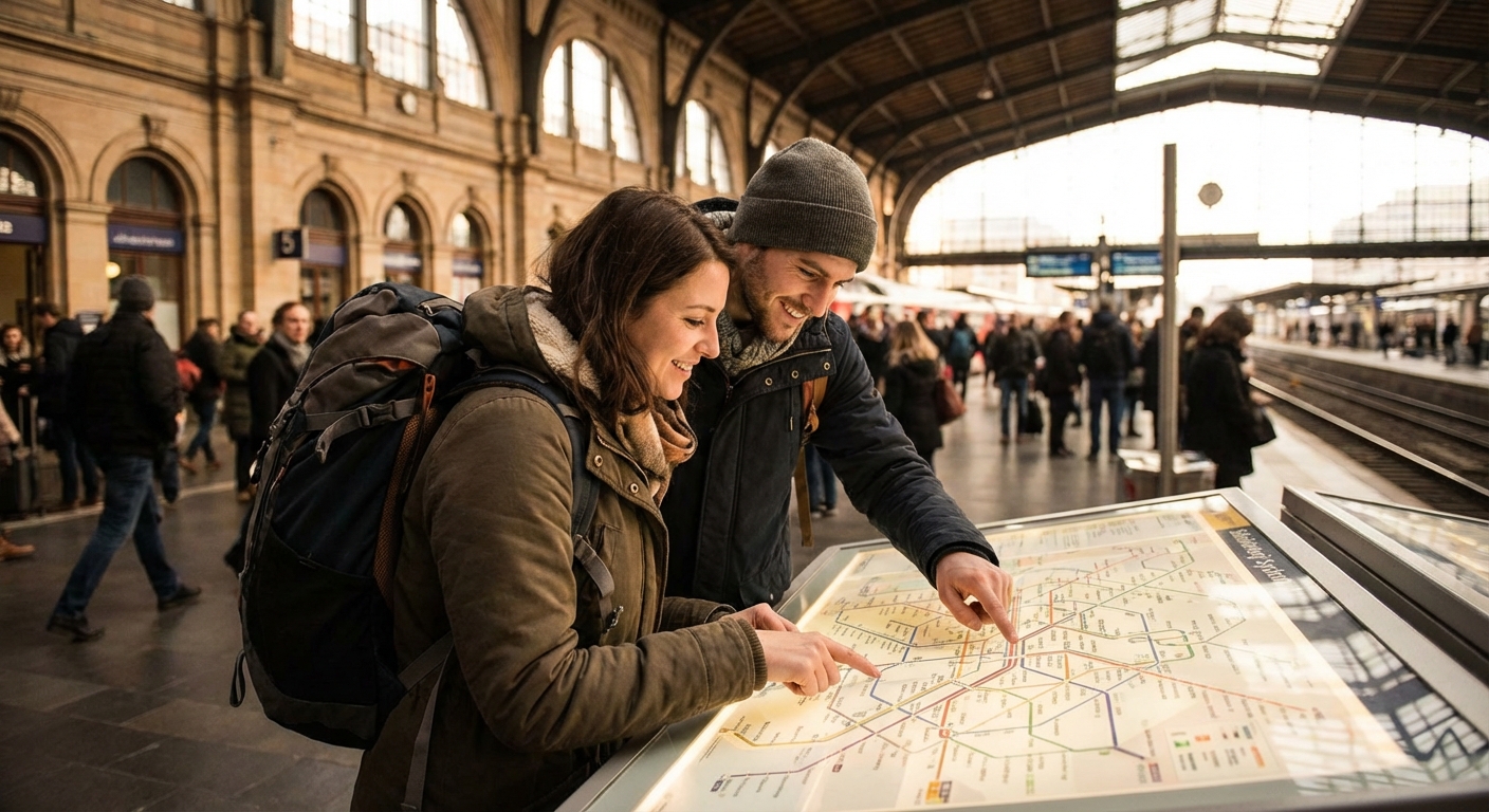 지하철 노선도를 보며 대화하는 여행자들