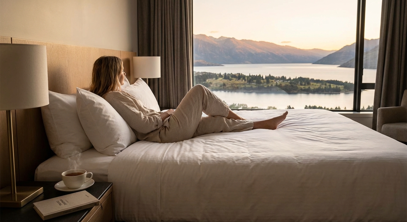 호텔 침대에 누워 휴식 중인 여행자