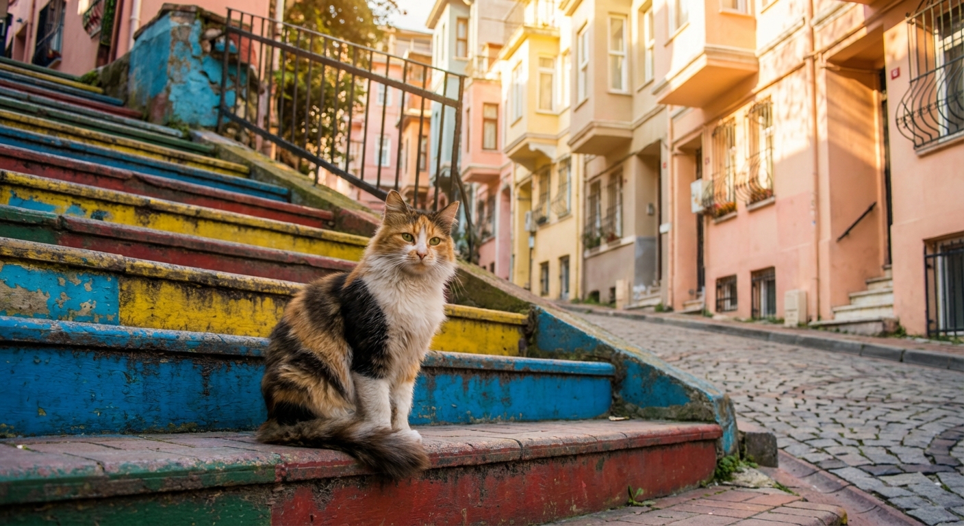 발랏 지구 알록달록한 계단 위 고양이