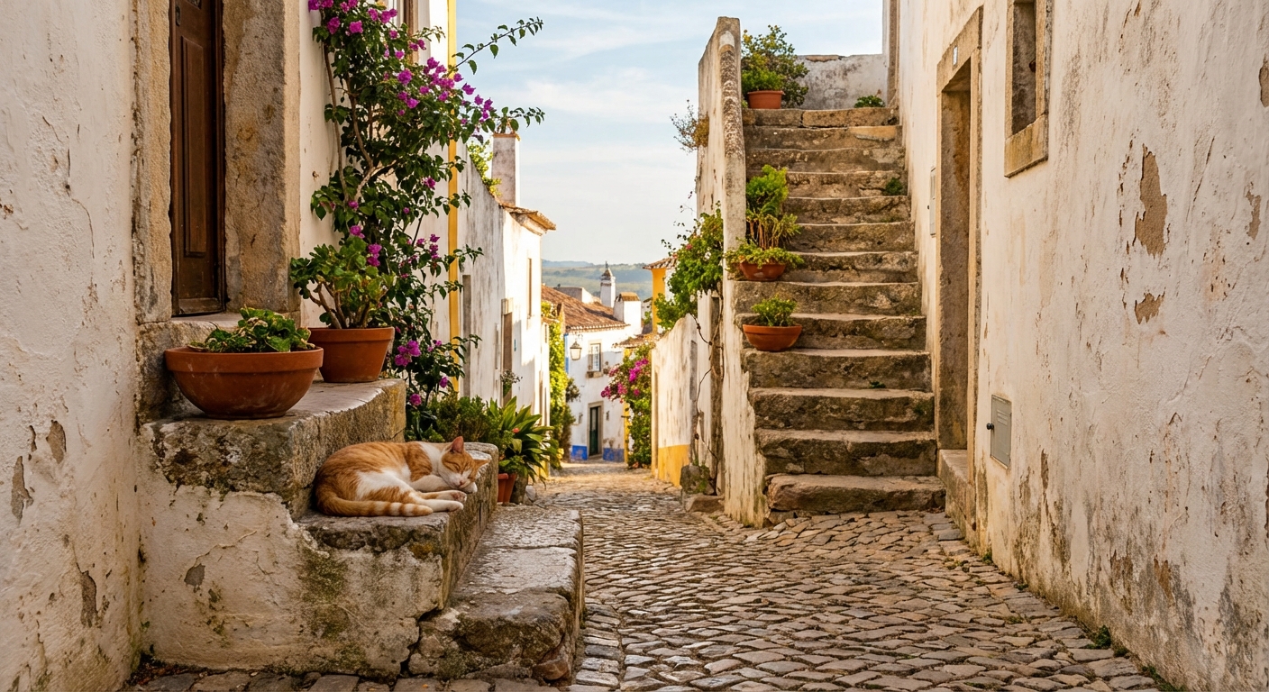 골목길 돌계단에서 낮잠 자는 고양이와 하얀 벽 풍경