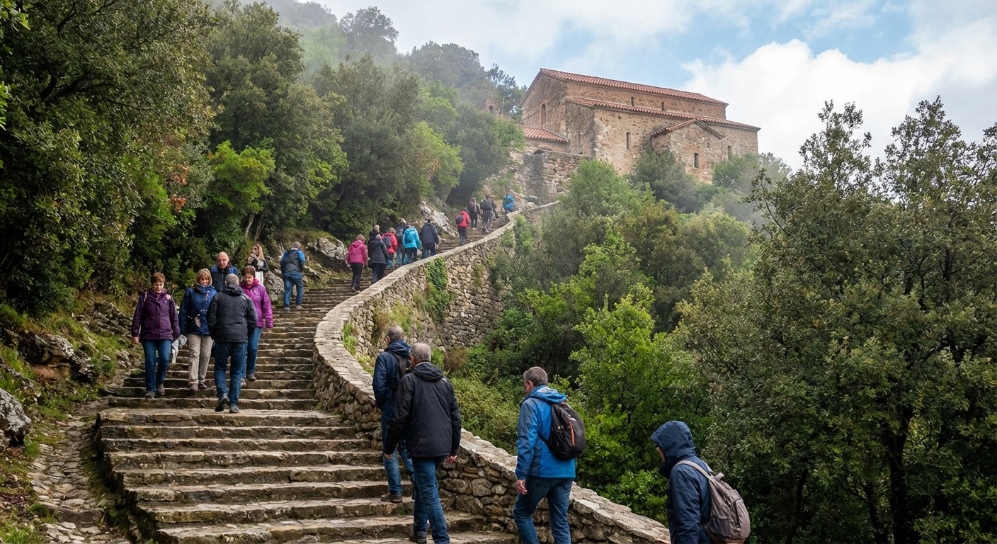 수도원으로 오르는 돌계단과 관광객들