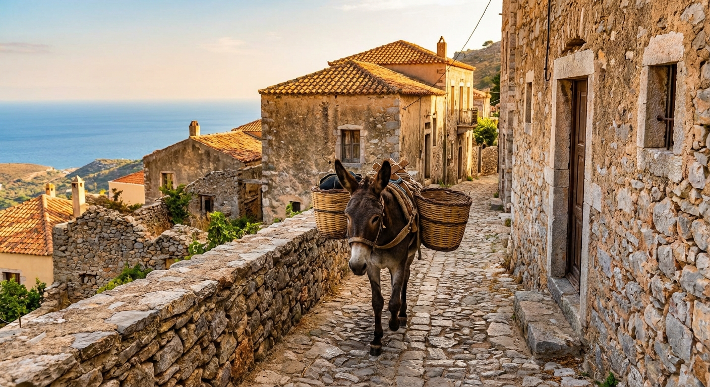 짐을 실은 당나귀와 좁은 돌길