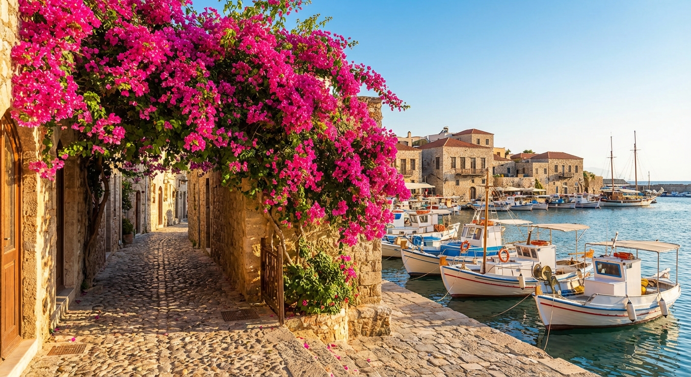 항구 전망과 분홍 부겐빌레아 골목