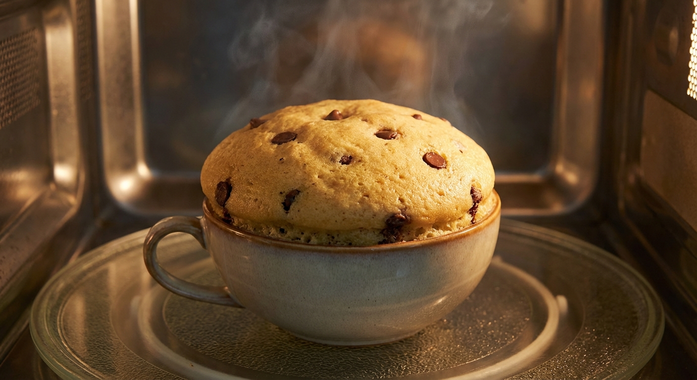 전자레인지에서 부풀어 오르는 머그컵 케이크