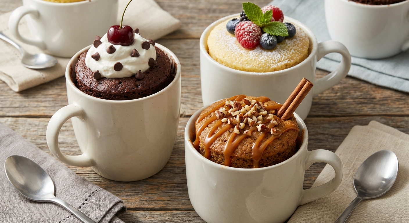 다양한 토핑이 올라간 머그컵 케이크들