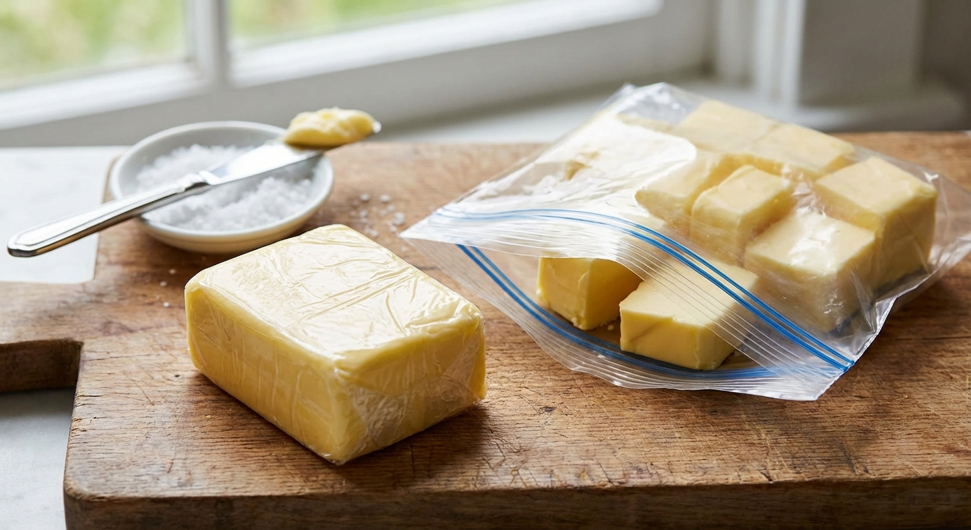 랩으로 감싼 버터와 지퍼백에 담긴 모습