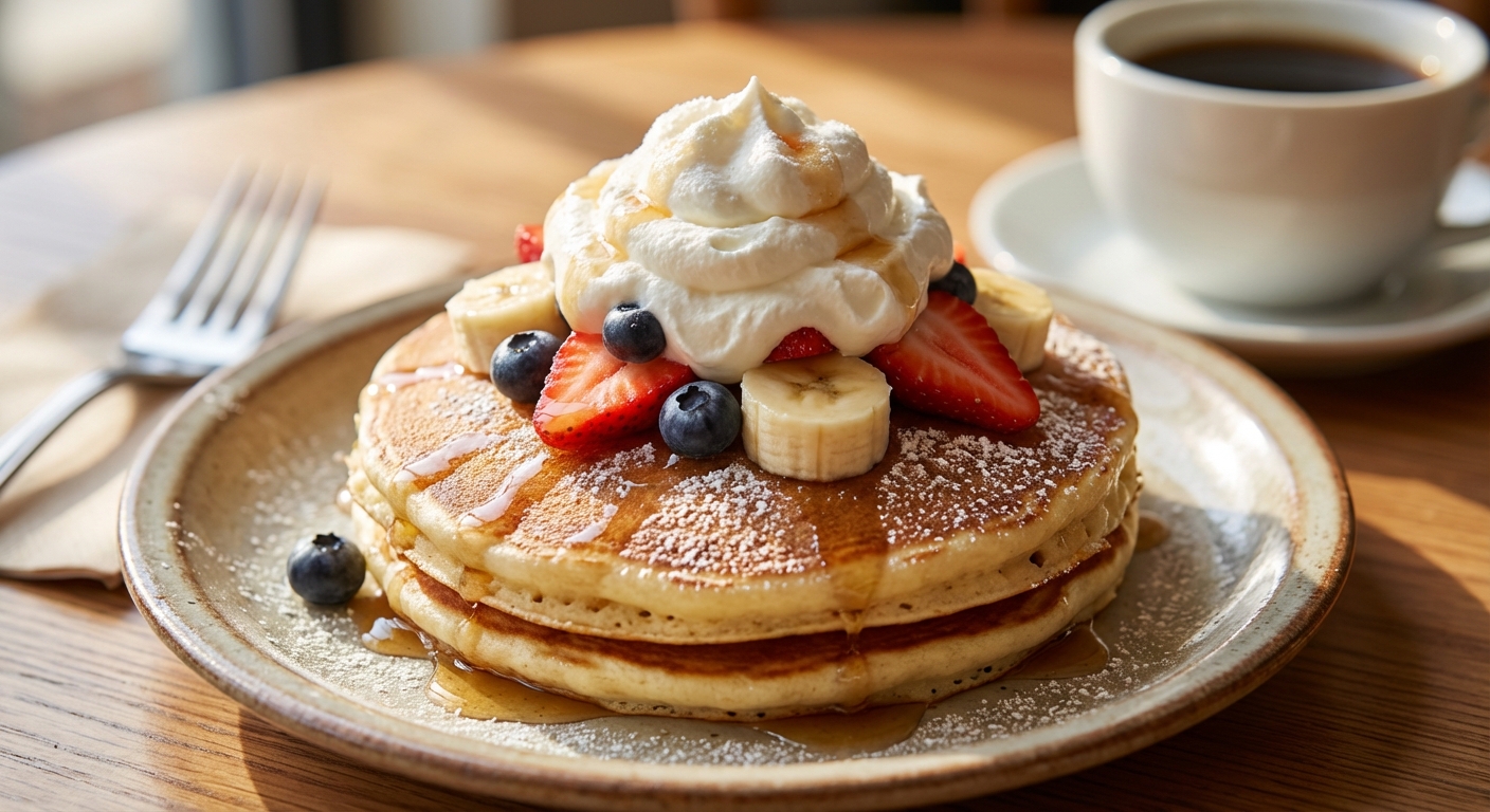 생크림과 과일이 곁들여진 팬케이크
